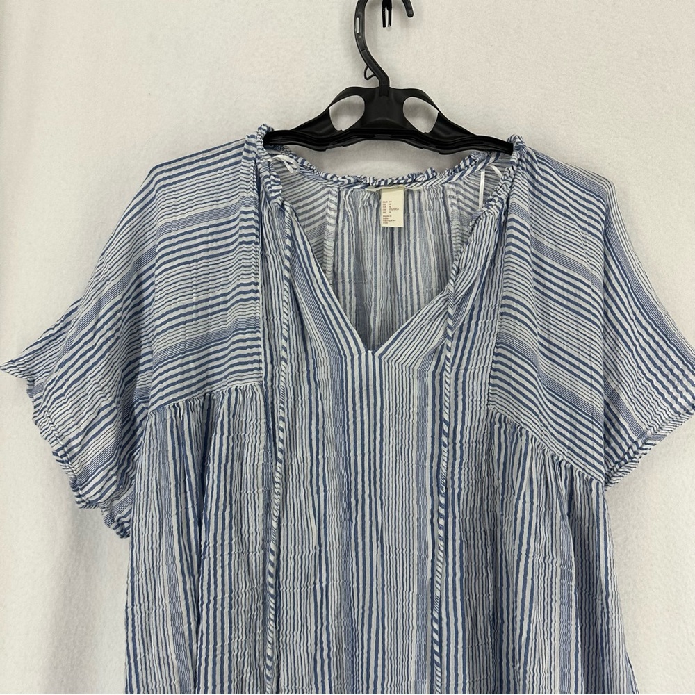 H&M Mini Oversized Dress Split Neck Short Sleeve Striped Womens 14 Blue - Picture 2 of 9